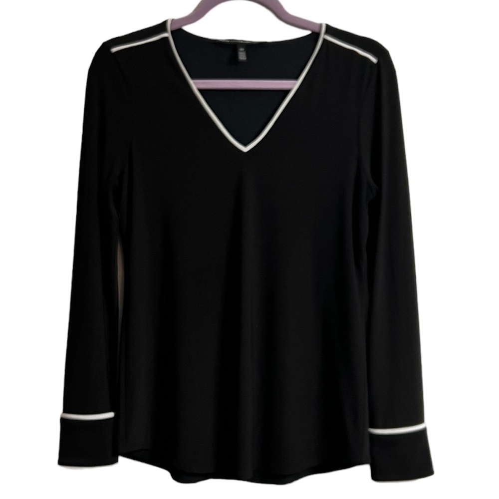 White House Black Market Black with White Trim V-Neck Blouse
